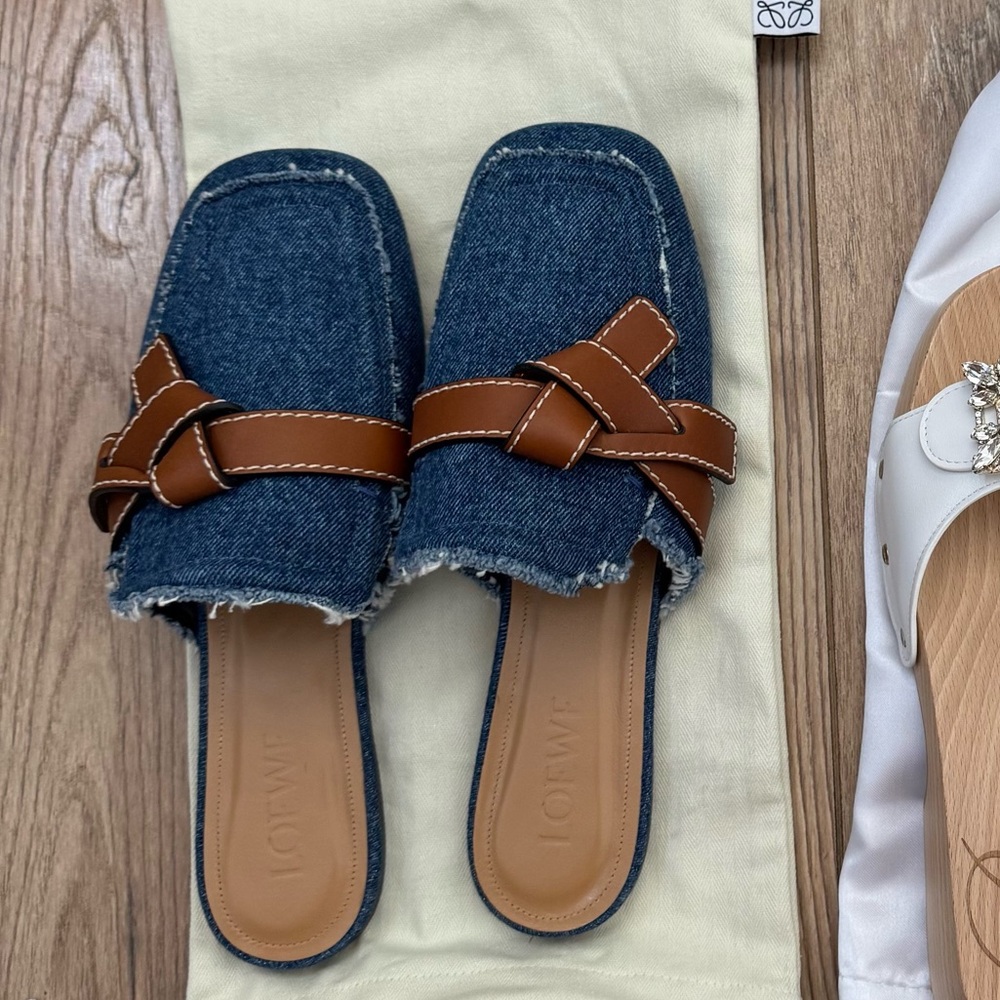 LOEWE  Washed Denim Calfskin Gate Mule Sandals 39 Blue Tan